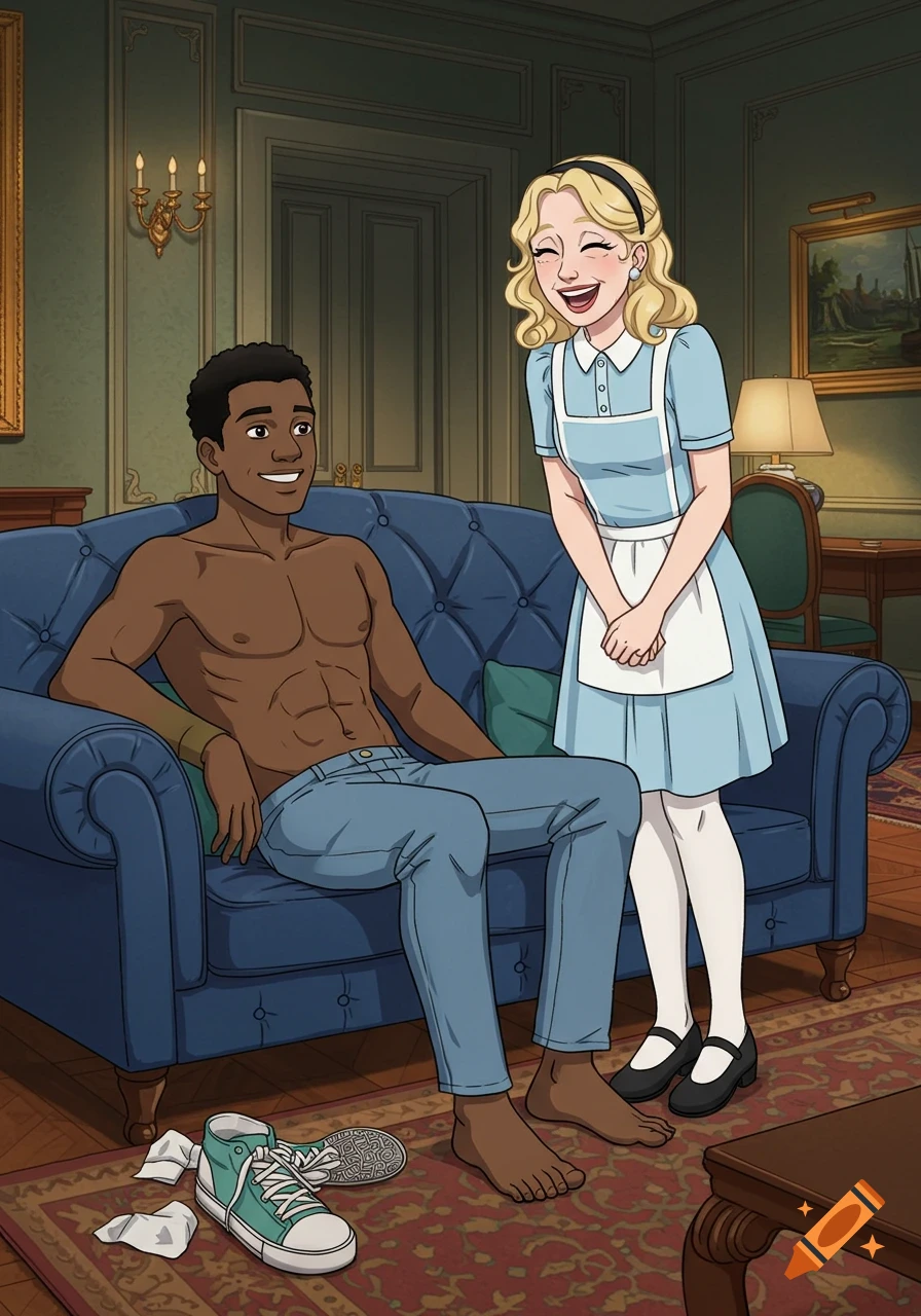 A smiling shirtless man in jeans sits on a blue couch while a laughing blonde woman in a blue dress stands beside him in a cartoon style.