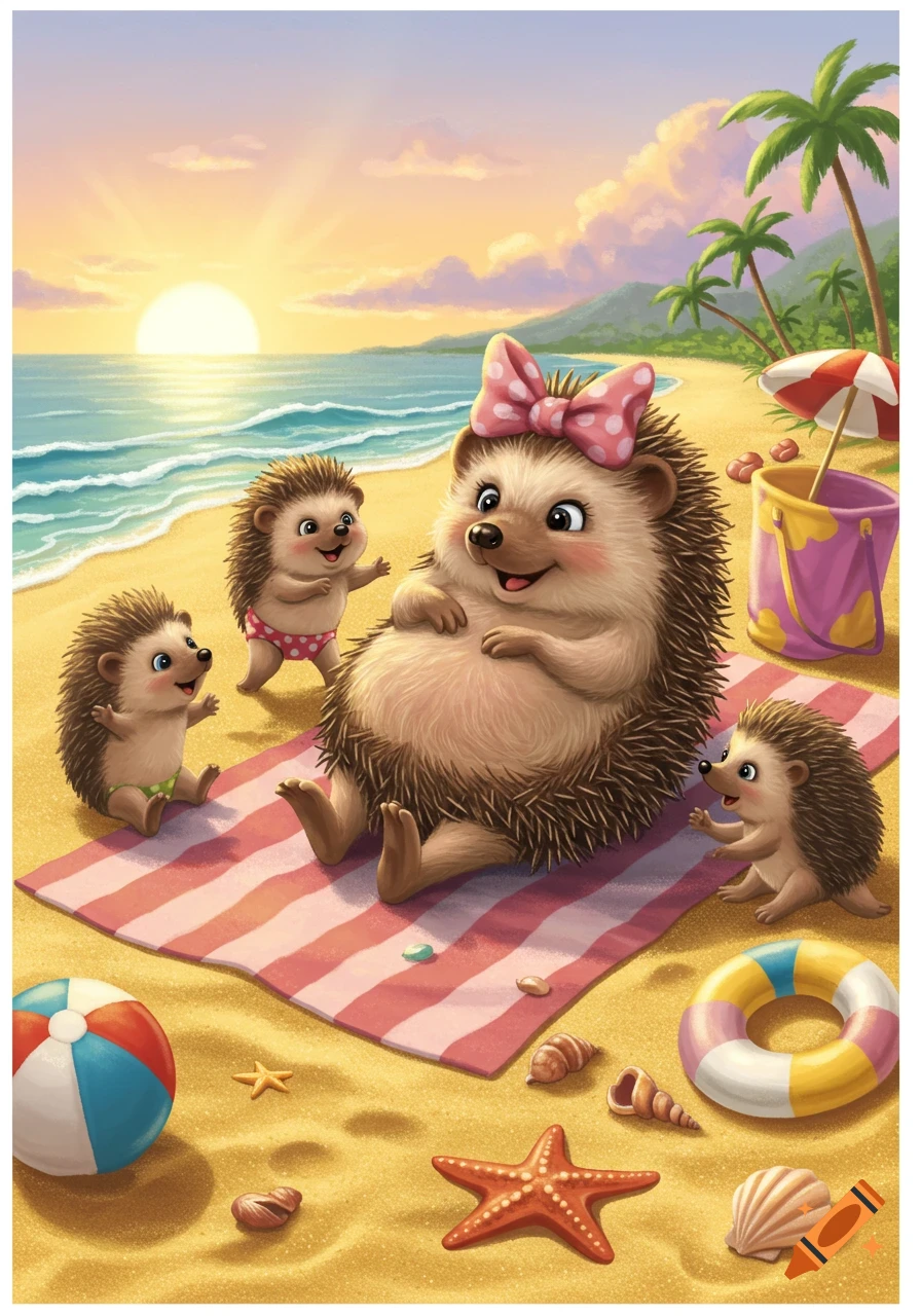 A cheerful cartoon hedgehog family enjoys a sunset at the beach, with a mother hedgehog on a towel and two babies playing in the sand.