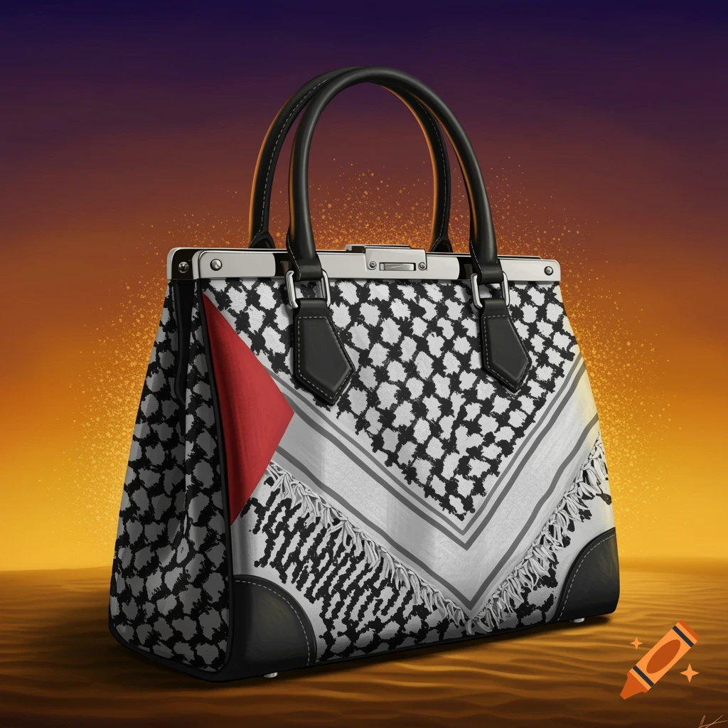 A handbag adorned with a black and white Palestinian keffiyeh pattern and a red triangle, set against a sunset desert background.