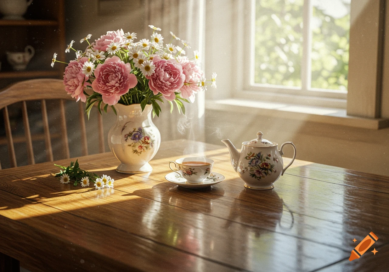 A photorealistic image of a vase filled with pink peonies and white daisies, a steaming teacup, and a teapot on a wooden table in sunlight.