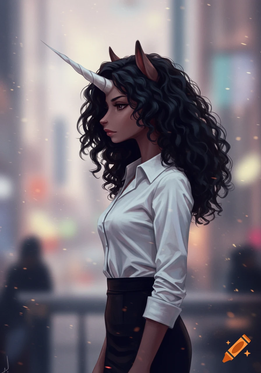 An illustrative portrait of an anthro unicorn woman with curly black hair, wearing a white blouse and black skirt in a blurred city.