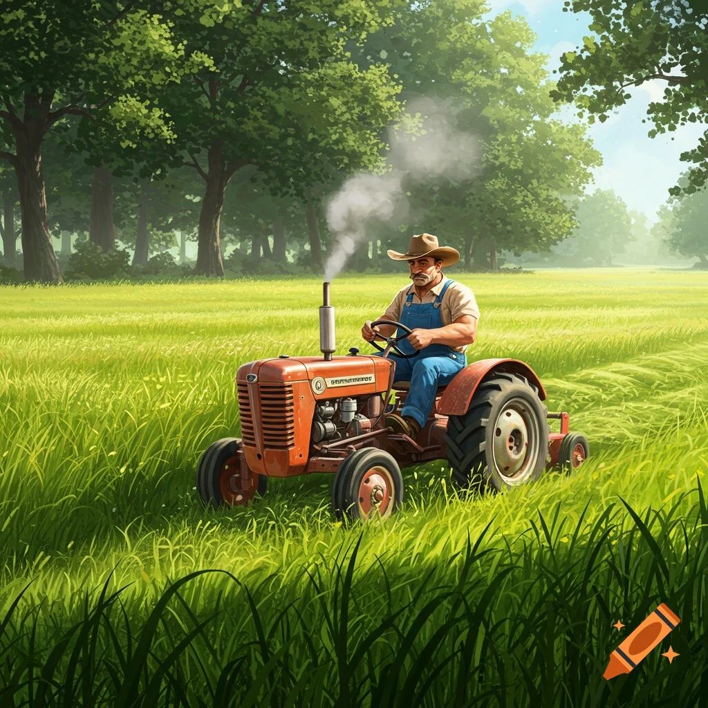 A man in a cowboy hat and overalls drives an old red tractor through a tall green grassy field under a bright sky, with trees in the background.