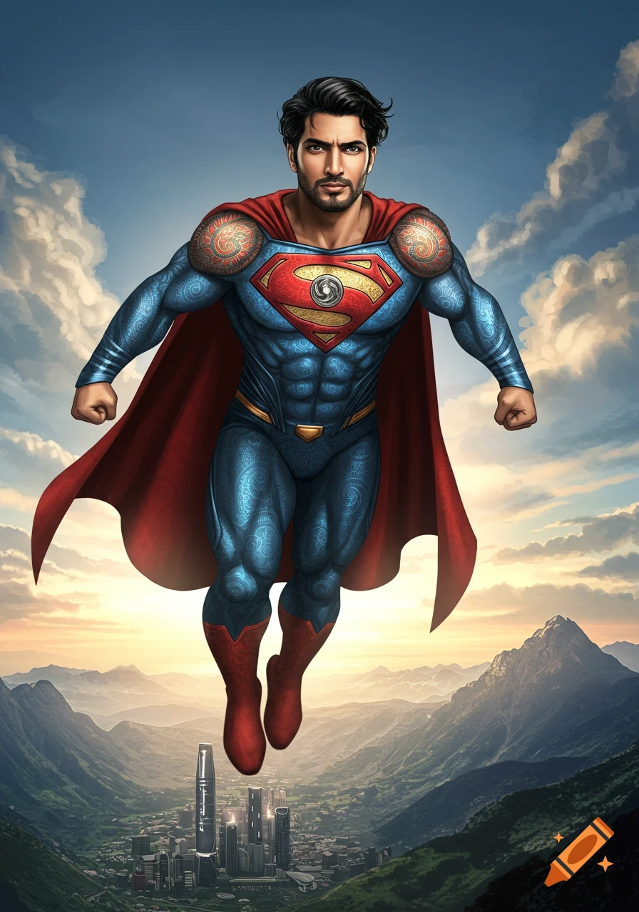 A South Asian Superman-style superhero with a beard and patterned suit flies over a futuristic city and mountains at sunset.