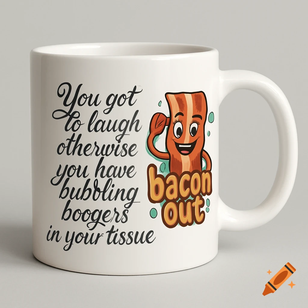 A white mug with a humorous quote "You got to laugh otherwise you have bubbling boogers in your tissue" and a cartoon bacon saluting with "bacon out".