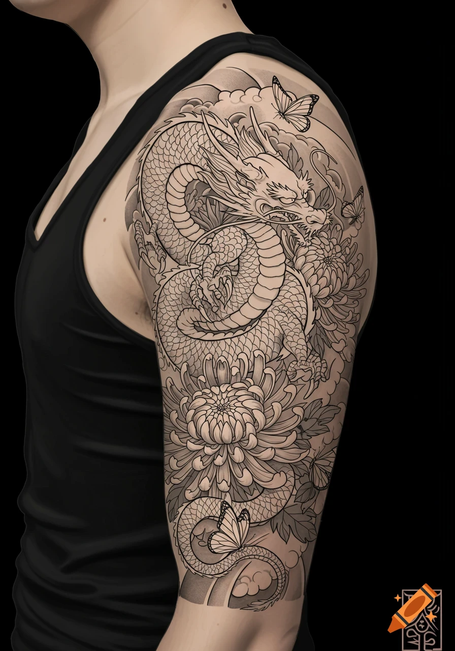 Blackwork Japanese style tattoo sleeve featuring a dragon, chrysanthemums, and butterflies on an arm.