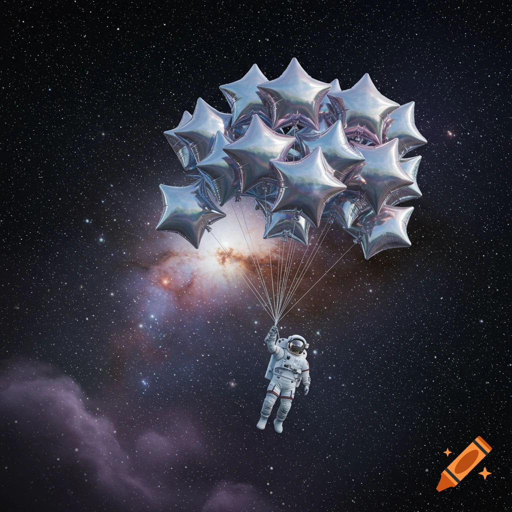 An astronaut floats in deep space, holding a cluster of shiny, metallic star-shaped balloons.