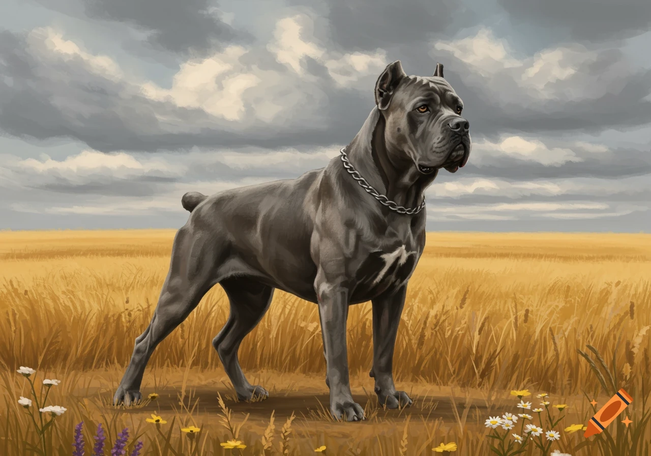 A grey Cane Corso dog stands in a golden field under a cloudy sky, depicted in a detailed painting style.