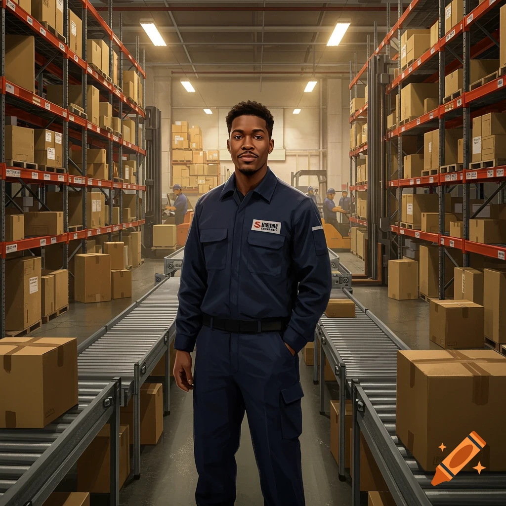 A photorealistic image of a Black man in a dark blue uniform standing in a large warehouse with shelves stacked with boxes and conveyor belts.