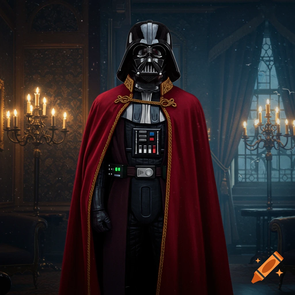 Darth Vader stands in a regal red cape with gold trim in an ornate, dimly lit room with chandeliers.