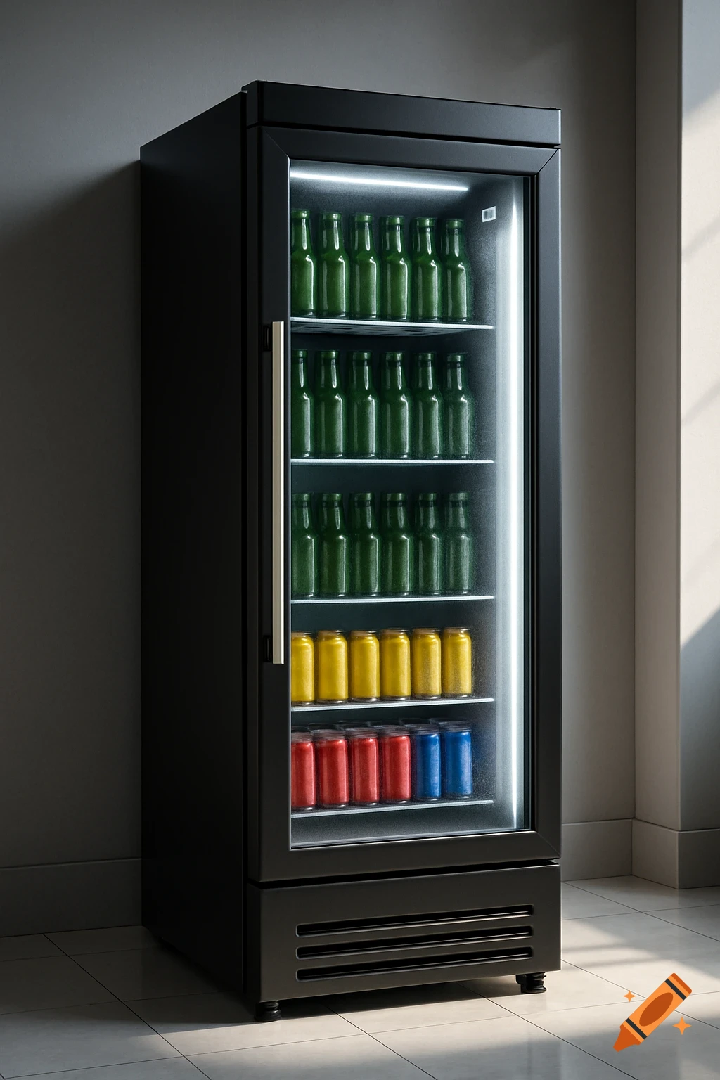 A sleek black commercial upright beverage refrigerator with a glass door filled with green bottles and colorful cans, standing on a tiled floor in a modern room.