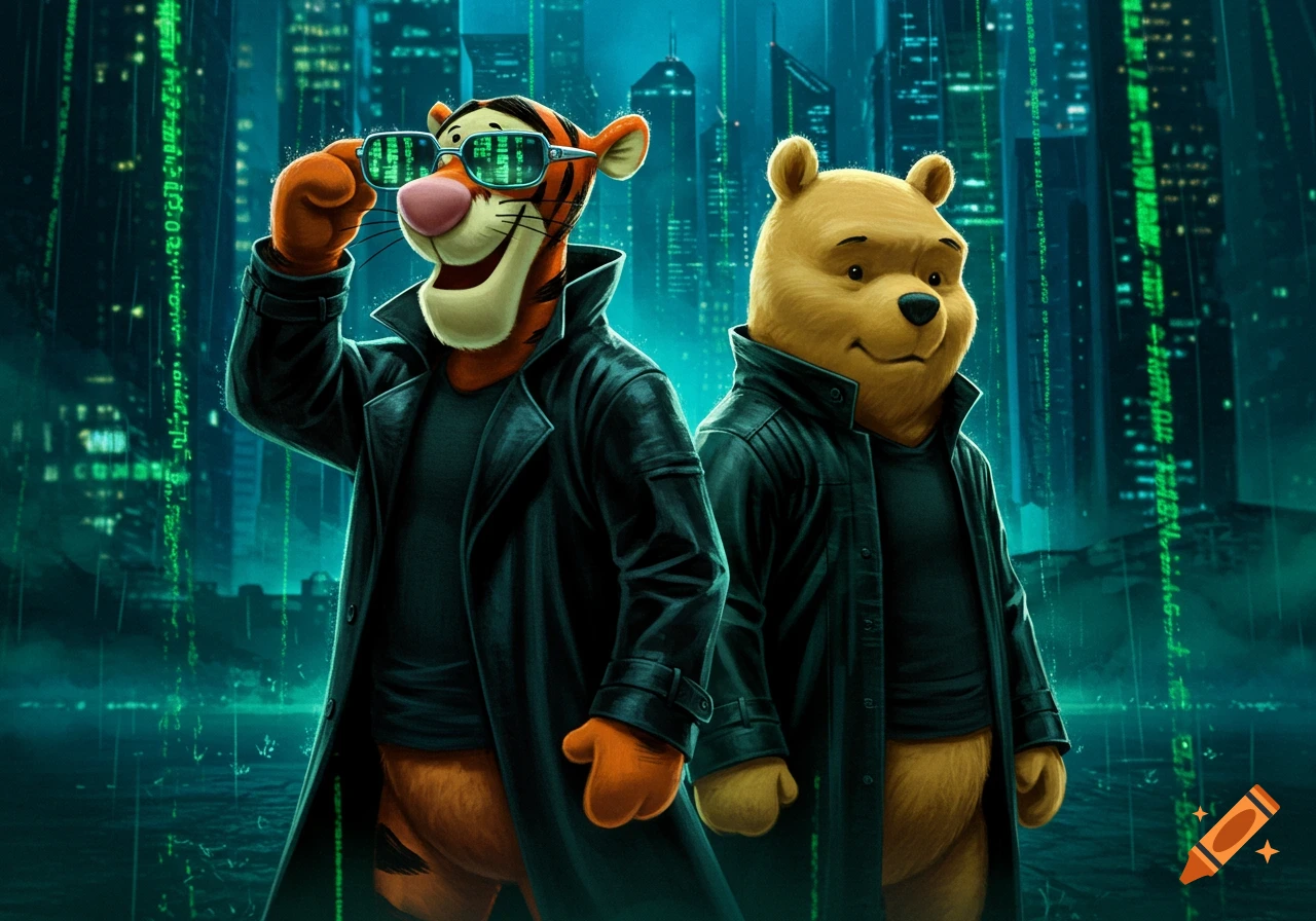 Tigger and Winnie the Pooh dressed in black trench coats and sunglasses like Neo from The Matrix, against a green digital code background.