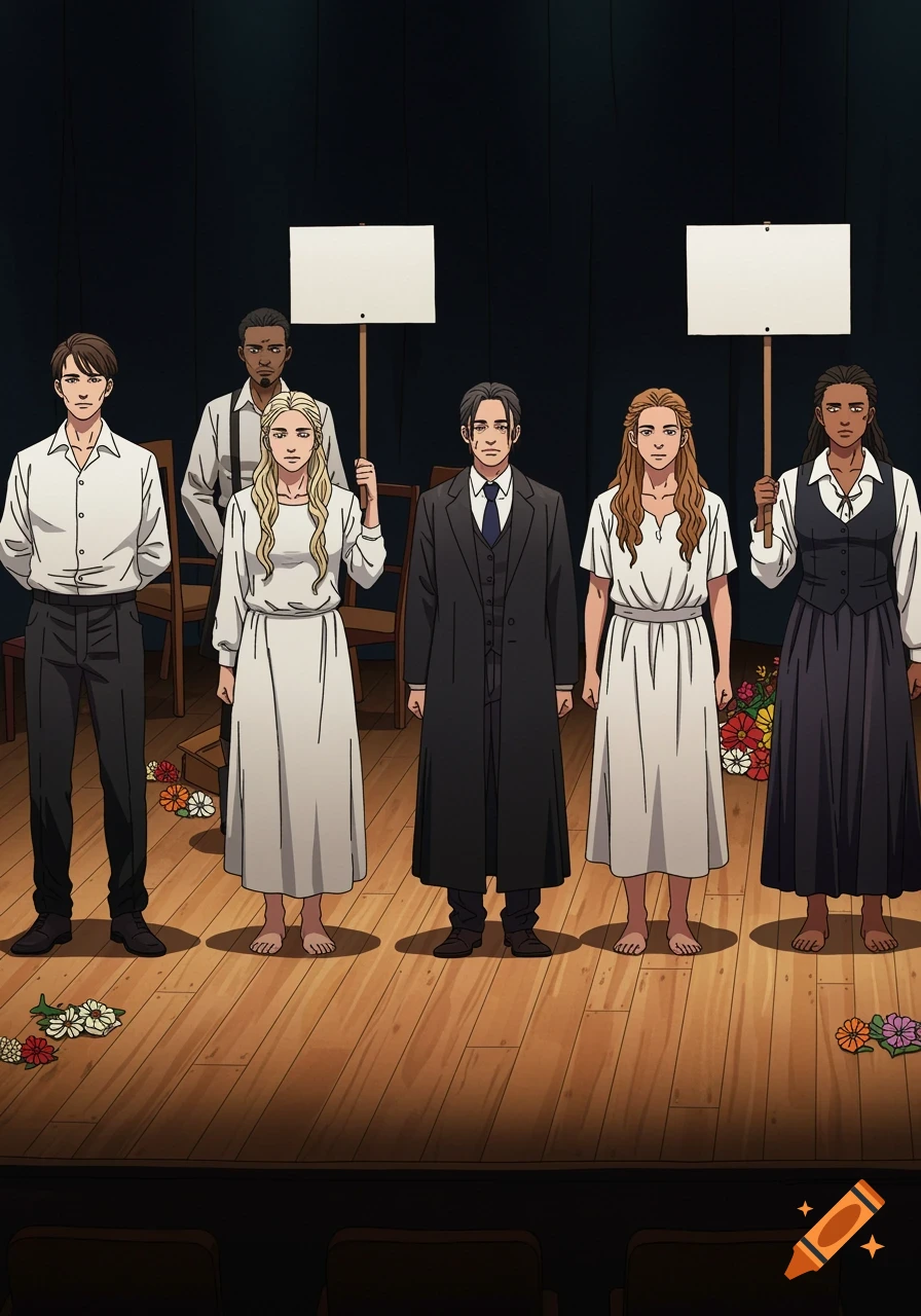 Seven people in theatrical costumes on a stage, two holding blank protest signs, with scattered flowers. Anime style.