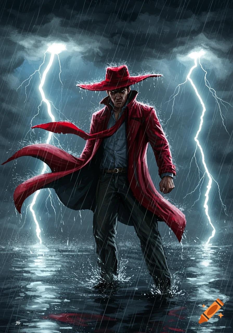 A man in a red hat and trench coat stands in heavy rain with lightning striking behind him, cinematic art.