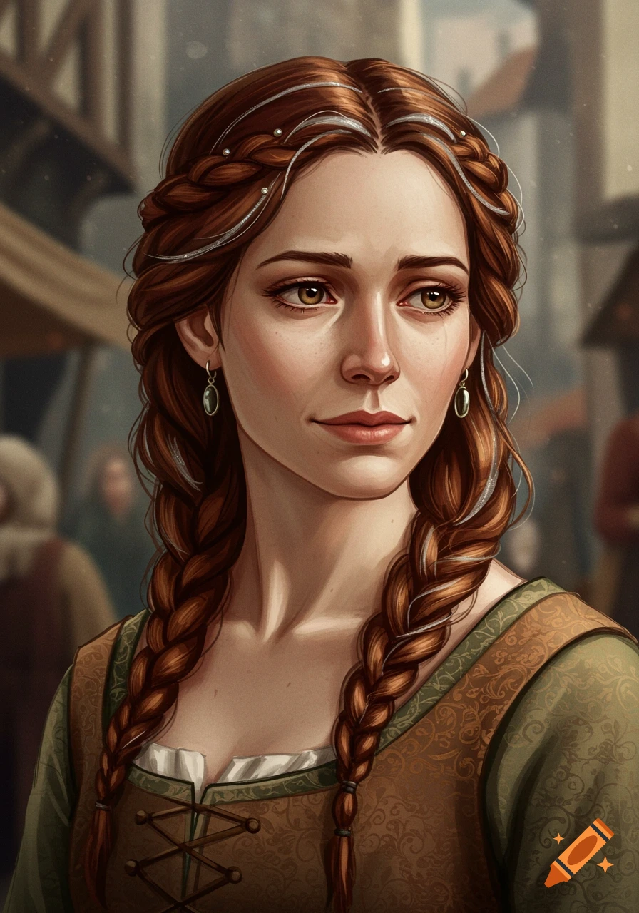 A beautiful medieval woman with long braided chestnut hair streaked with silver and hazel eyes, wearing a modest gown.