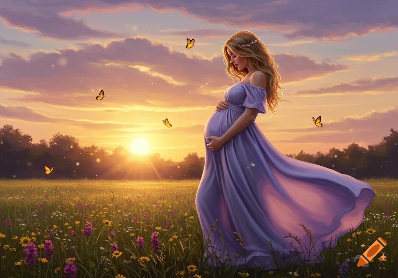 A pregnant woman in a flowing purple dress stands in a vibrant wildflower meadow at sunset, with butterflies around her.