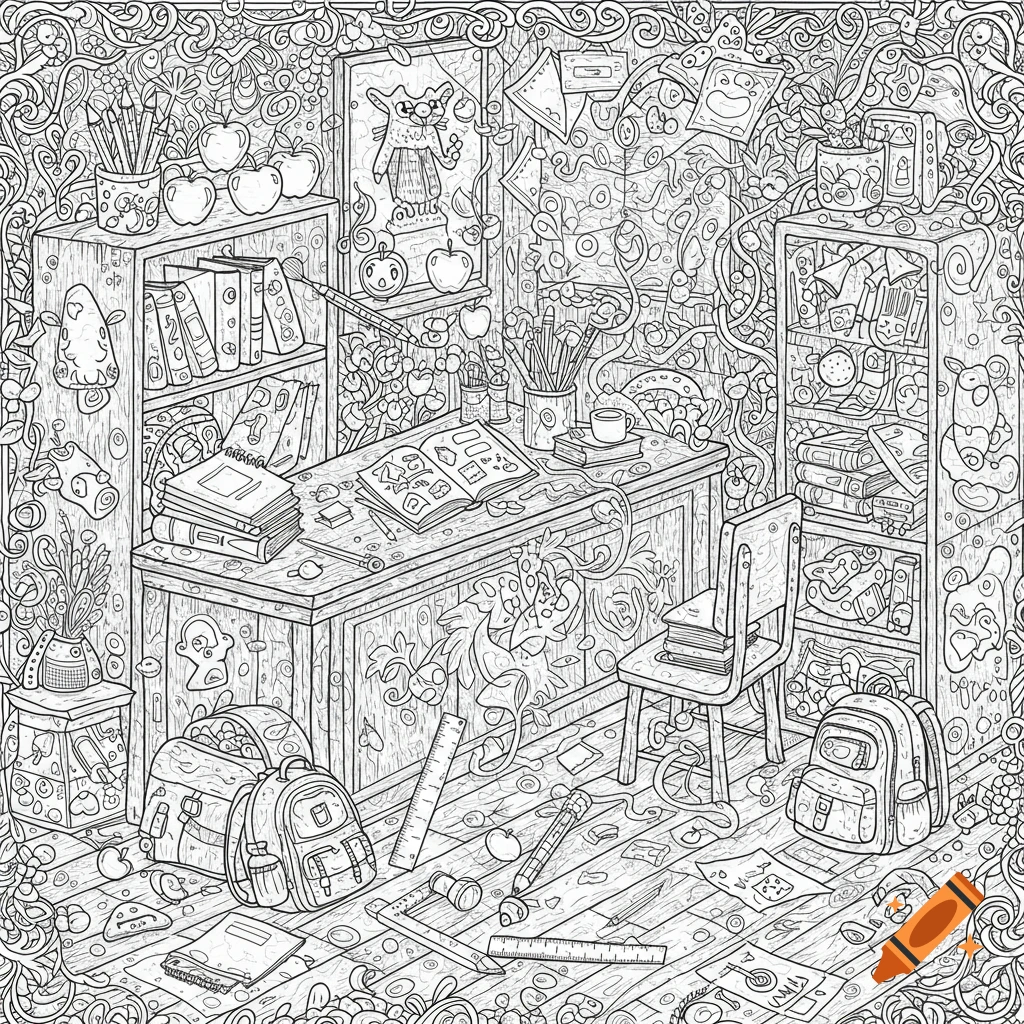 Detailed black and white line art of a cluttered room with school supplies like books, pencils, rulers, backpacks, and apples, designed as a hidden object puzzle.
