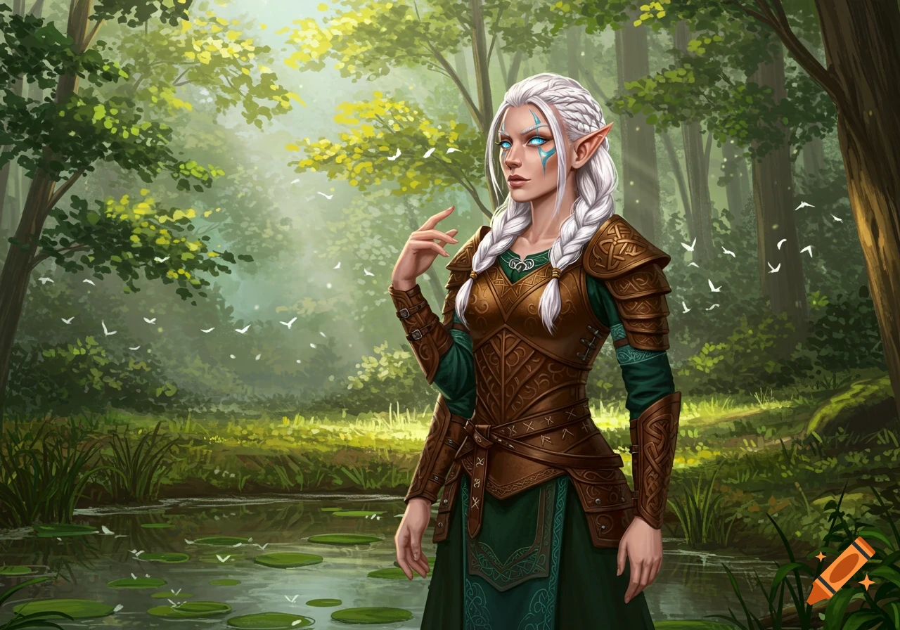 An elf woman with white braids, blue eyes, and face markings stands in a lush green forest by a pond, wearing intricate brown and green fantasy armor.