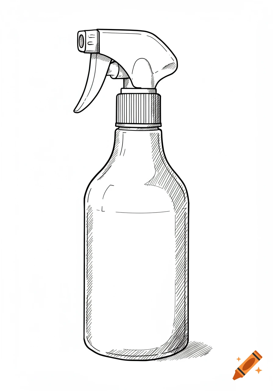 Line drawing of a clear spray bottle with a trigger sprayer.
