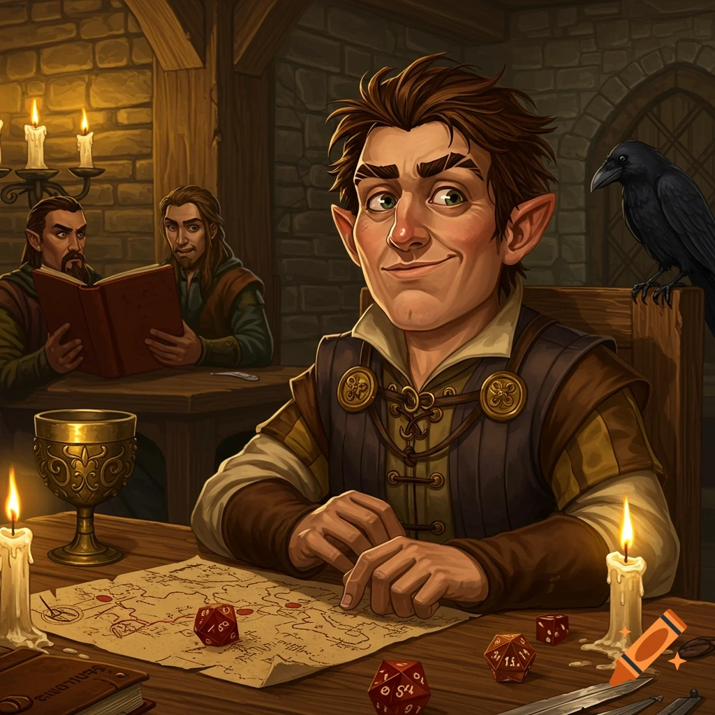 A mischievous-looking elf-like character sits at a tavern table with a map and dice, with other figures and a crow in the background.