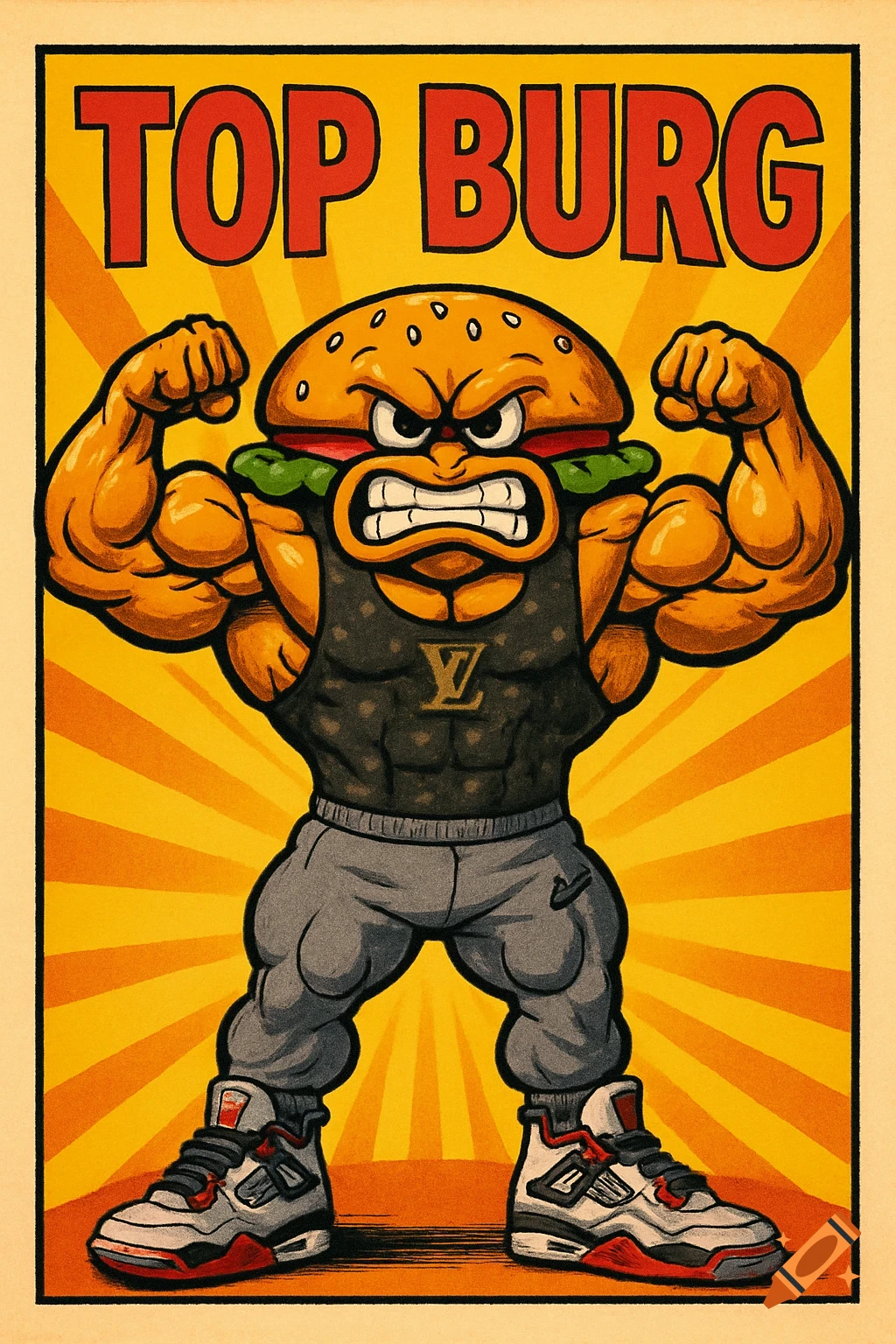 A cartoon poster of an angry, muscular burger character wearing a Louis Vuitton singlet, Nike pants, and Jordan 4s, with 'TOP BURG' text above.