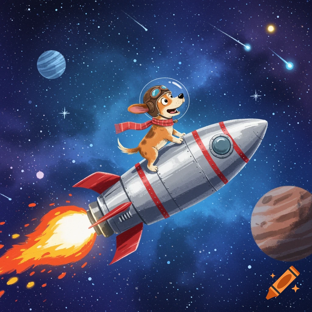 A cheerful cartoon dog in a pilot helmet and red scarf flies on a rocket through a star-filled space, with planets and shooting stars.