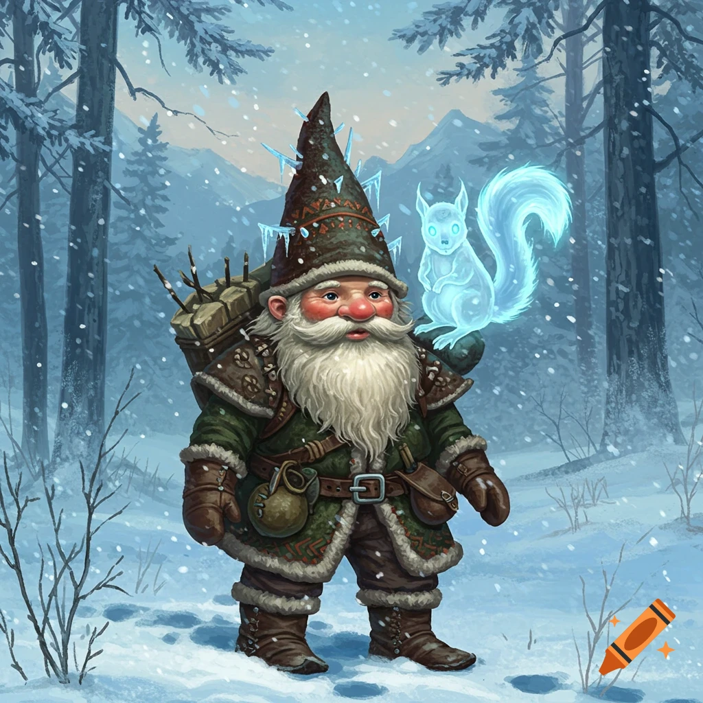 A detailed digital painting of a gnome in winter gear with a glowing blue squirrel on his shoulder, standing in a snowy forest.