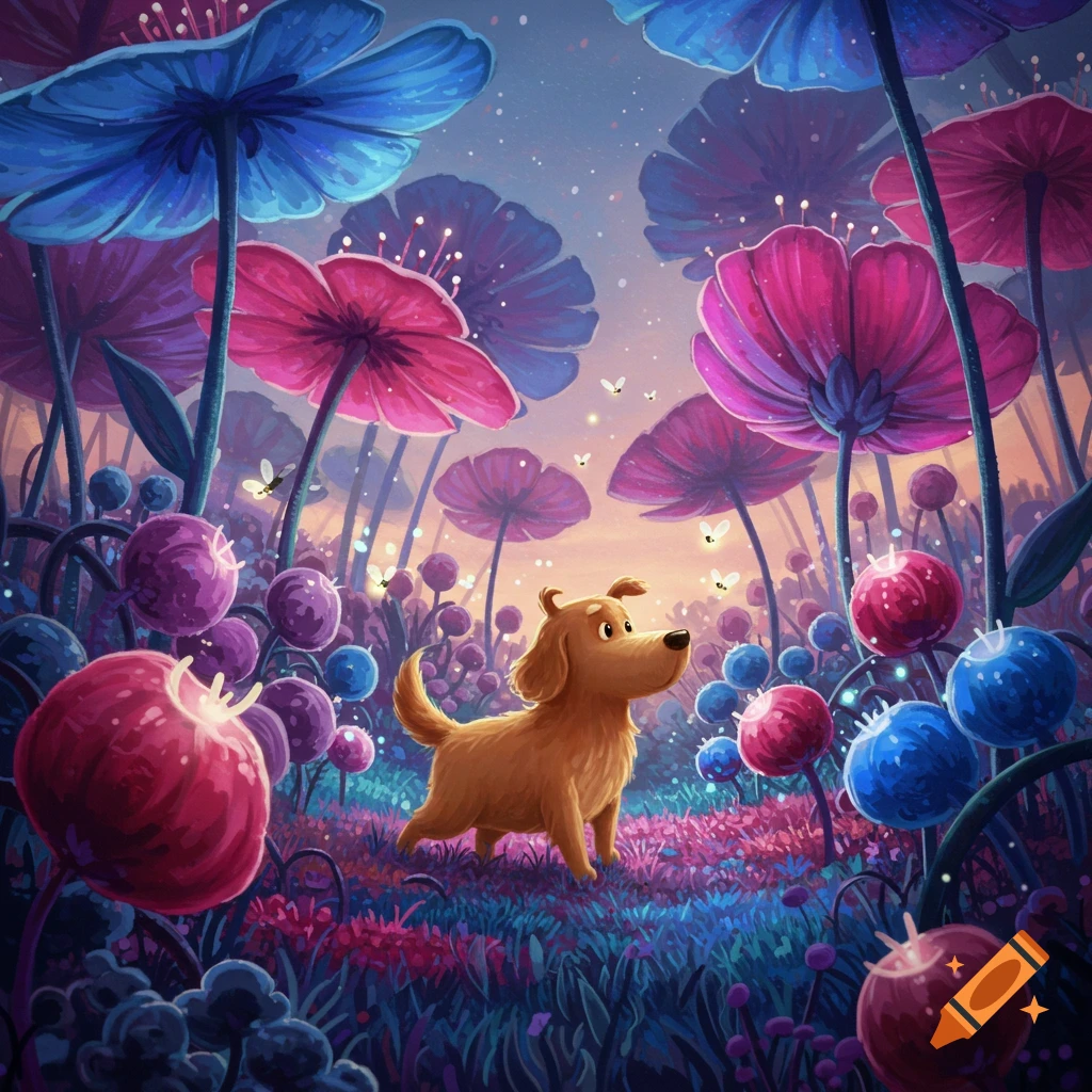 A cute brown dog walks through a vibrant, fantastical forest filled with giant glowing blue, pink, and purple flowers and fireflies.