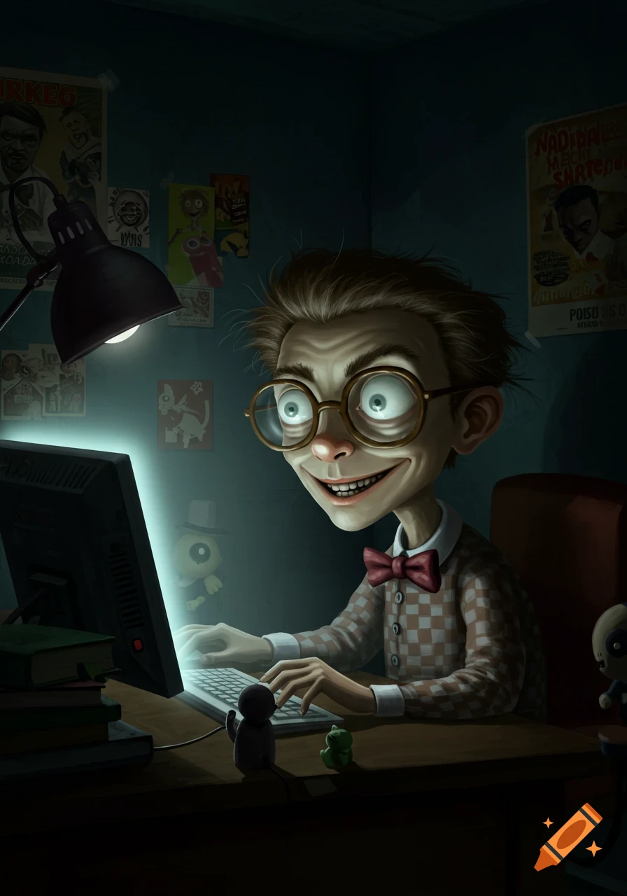 A grinning, cartoonish nerd with large glasses and a bow tie types at a glowing computer in a dark room. Digital art.