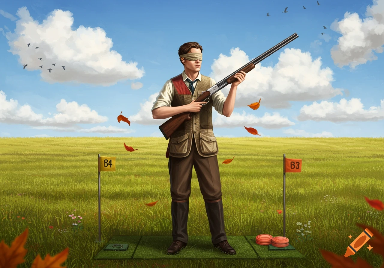An illustration of a blindfolded man holding a shotgun at a skeet shooting range in a grassy field under a cloudy sky.