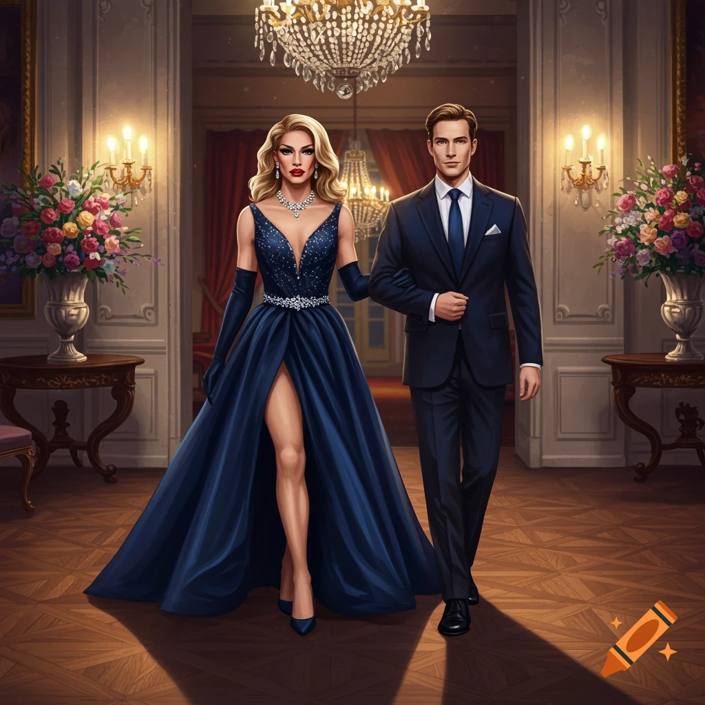 A formally dressed couple, a woman in a long blue gown and a man in a suit, walk through a luxurious ballroom.