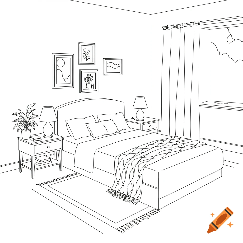 A simple line drawing illustration of a bedroom with a bed, two nightstands with lamps, a plant, and framed art on the wall.
