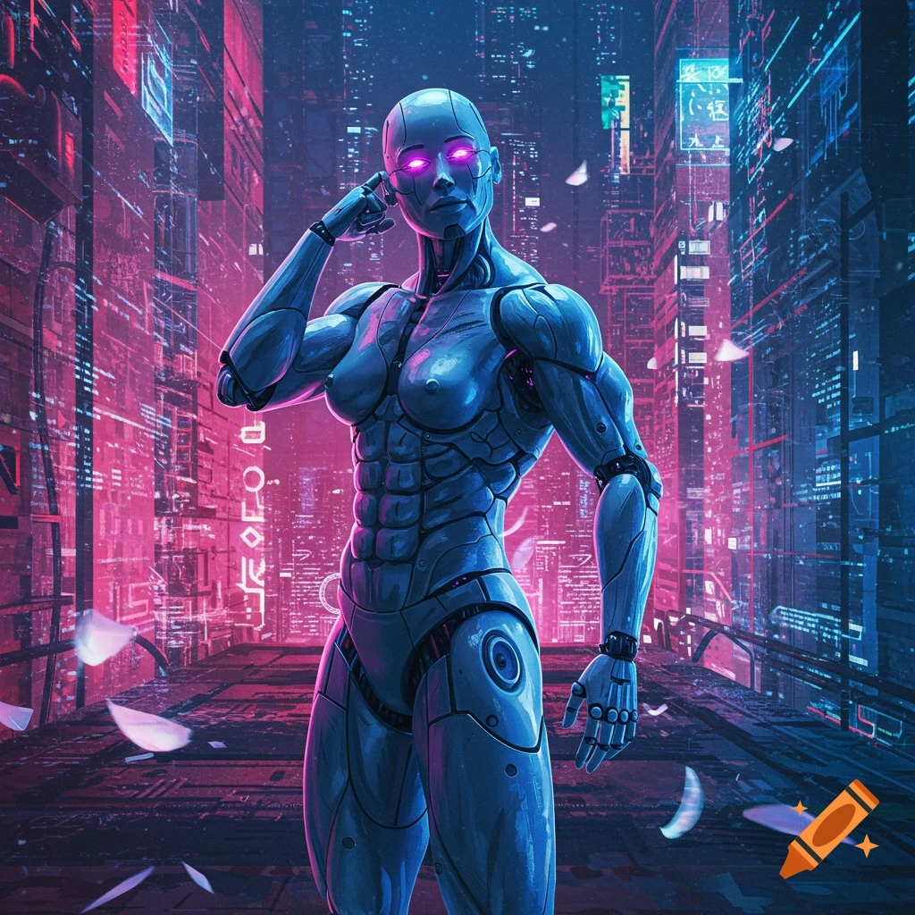A muscular female robot with glowing purple eyes stands in a vibrant neon-lit cyberpunk city at night.