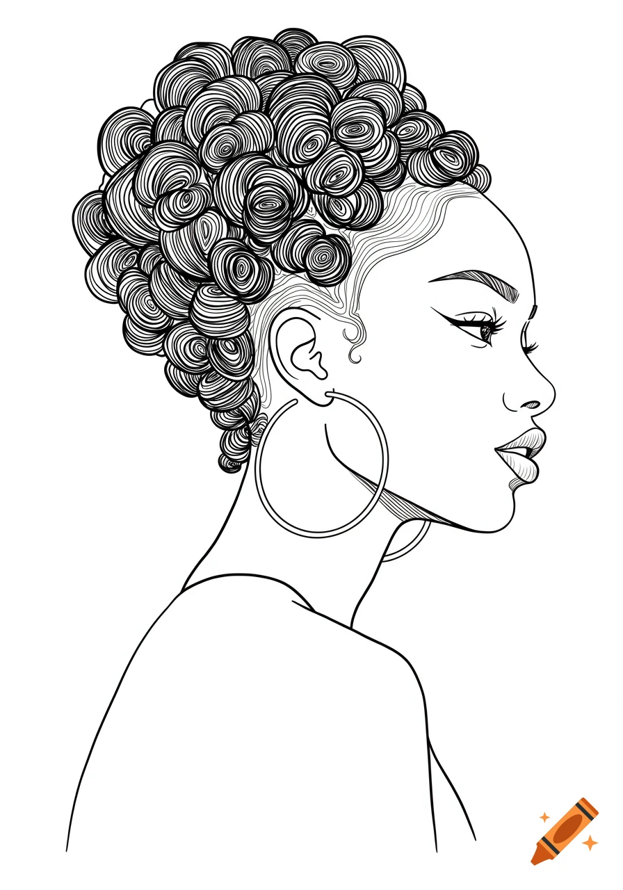 Line drawing of a stylish woman in profile with intricate geometric bantu knots and a large hoop earring.
