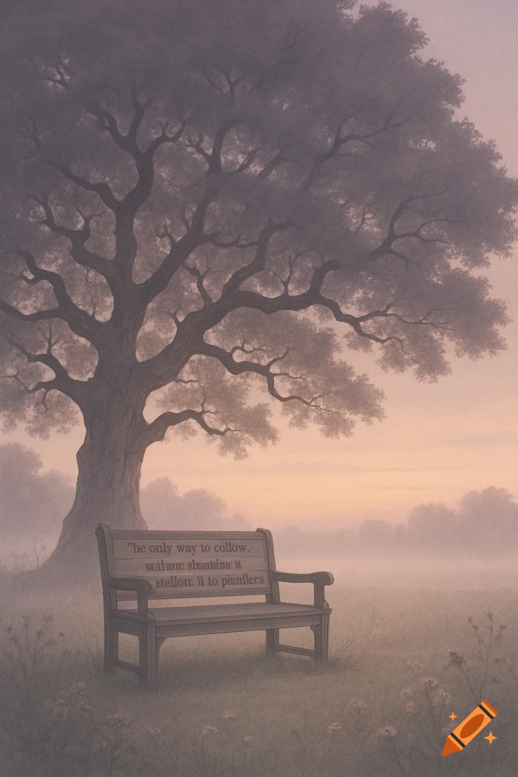 A large, silhouetted tree stands in a misty field at dusk or dawn, with a wooden park bench in the foreground that has garbled text carved into it.