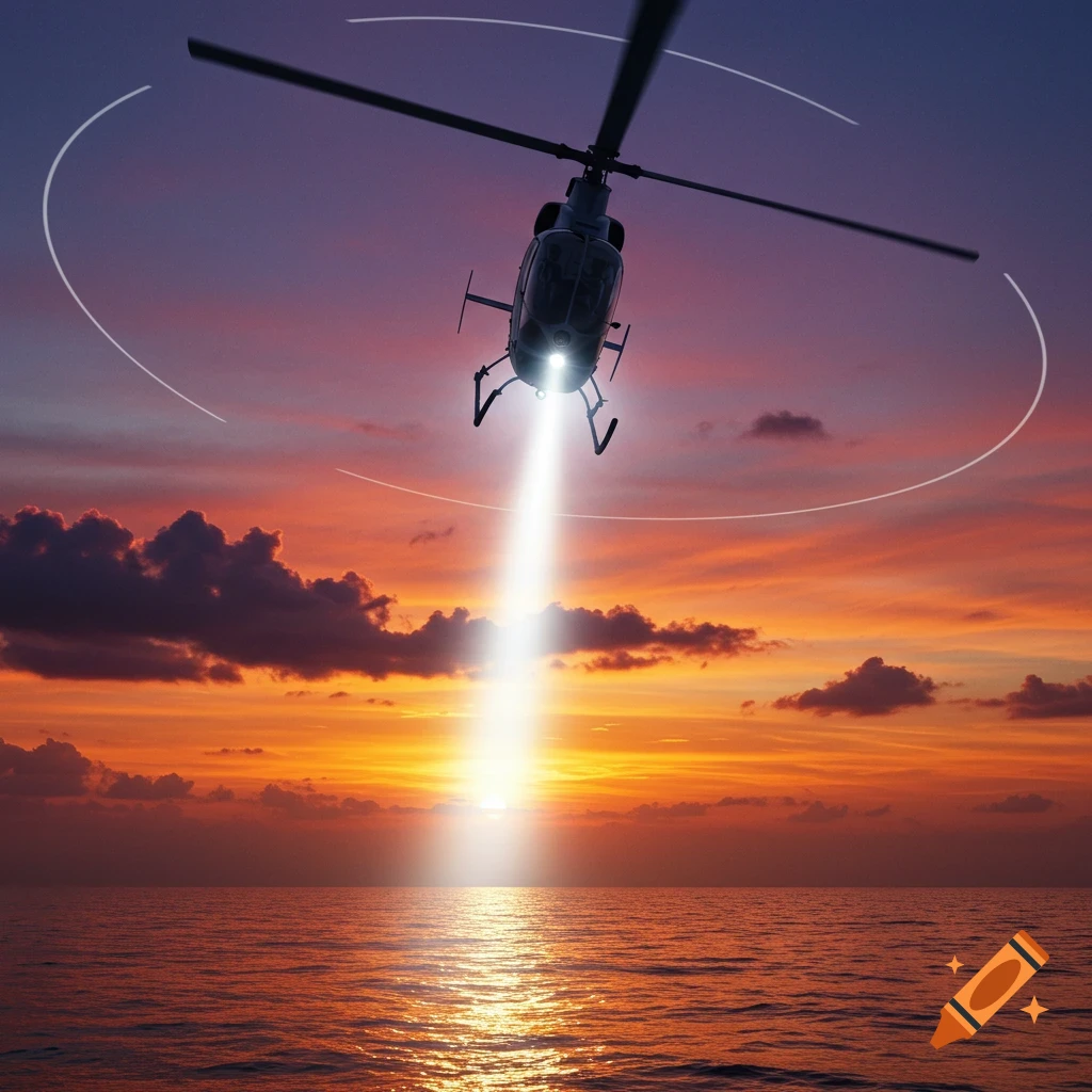 A helicopter with a bright searchlight pointing down, hovering over a calm ocean at sunset with a vibrant sky.