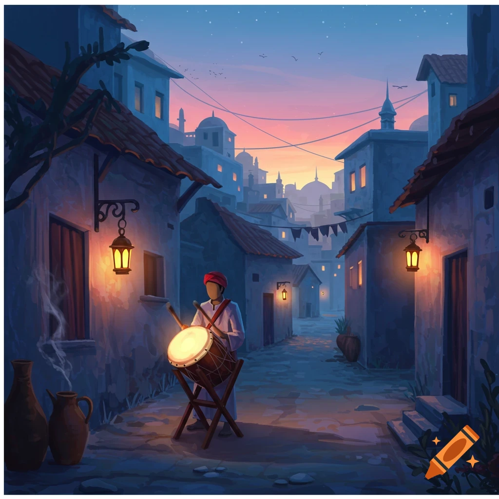 Stylized illustration of a person playing a large drum in a narrow, lantern-lit street at dawn, with buildings and a colorful sky.