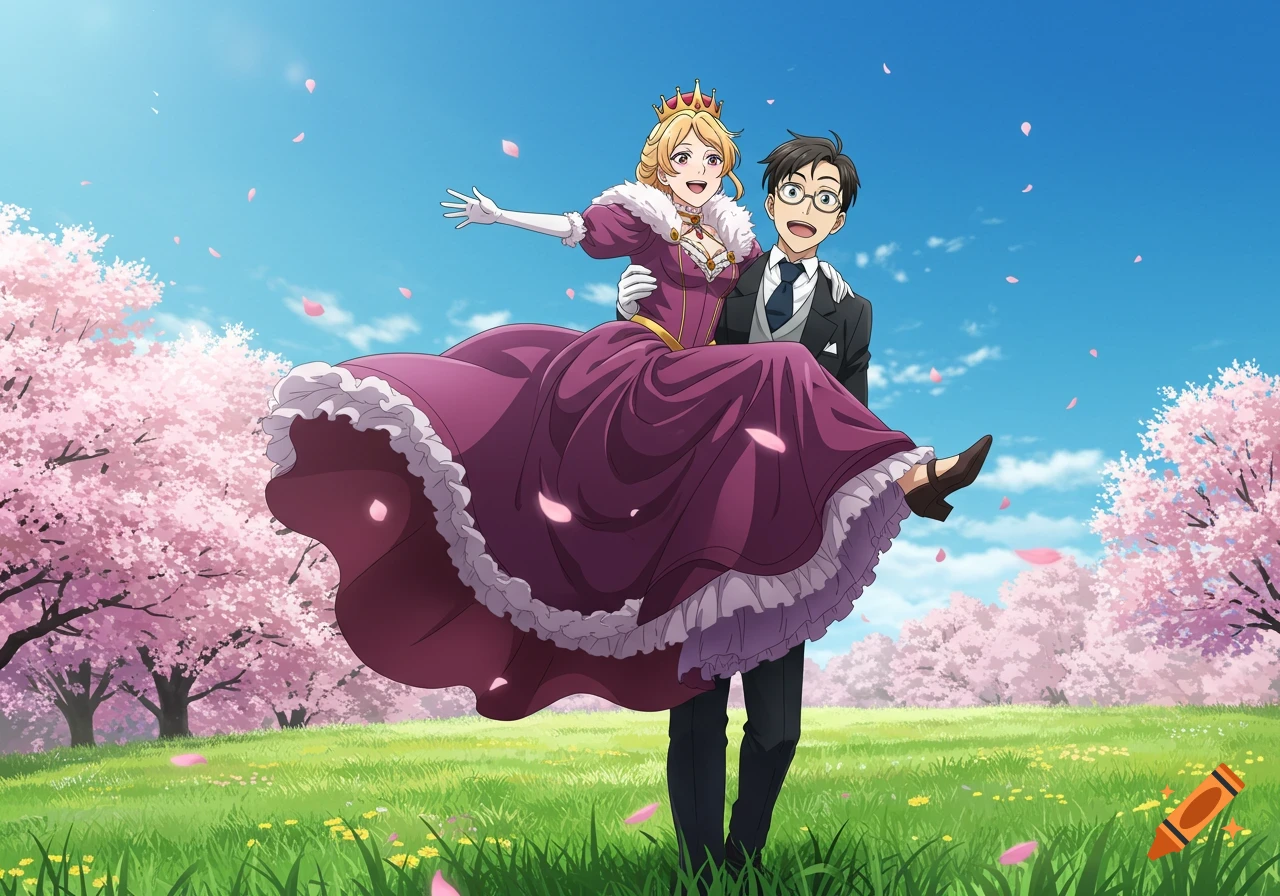 Anime-style queen in a purple gown being carried by a butler in a lush park with pink cherry blossom trees.