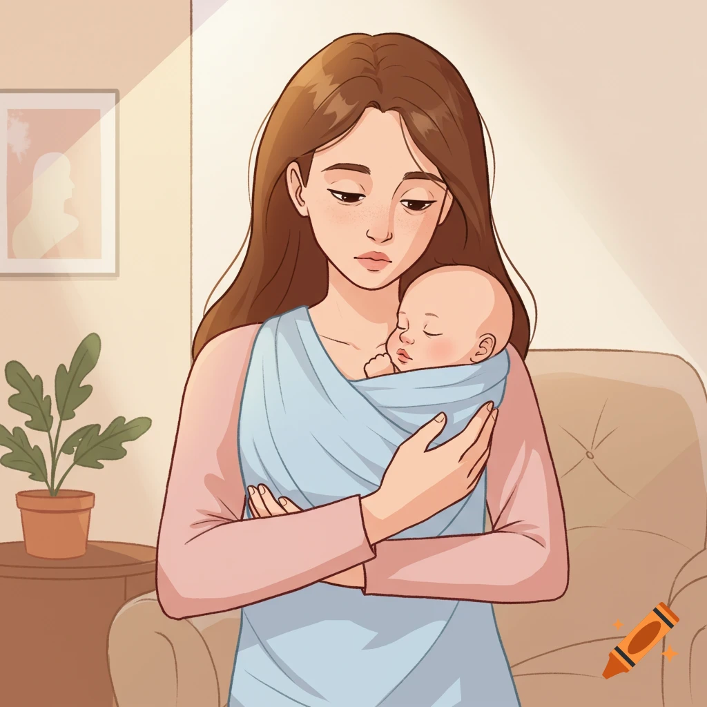 A tired new mother holds her baby in a blue sling in a minimalistic cartoon style.
