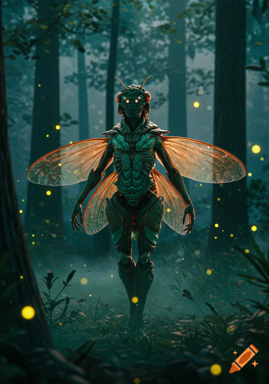 A creature with glowing red eyes, insectoid antennae, and large transparent wings stands in a dark forest surrounded by glowing fireflies.