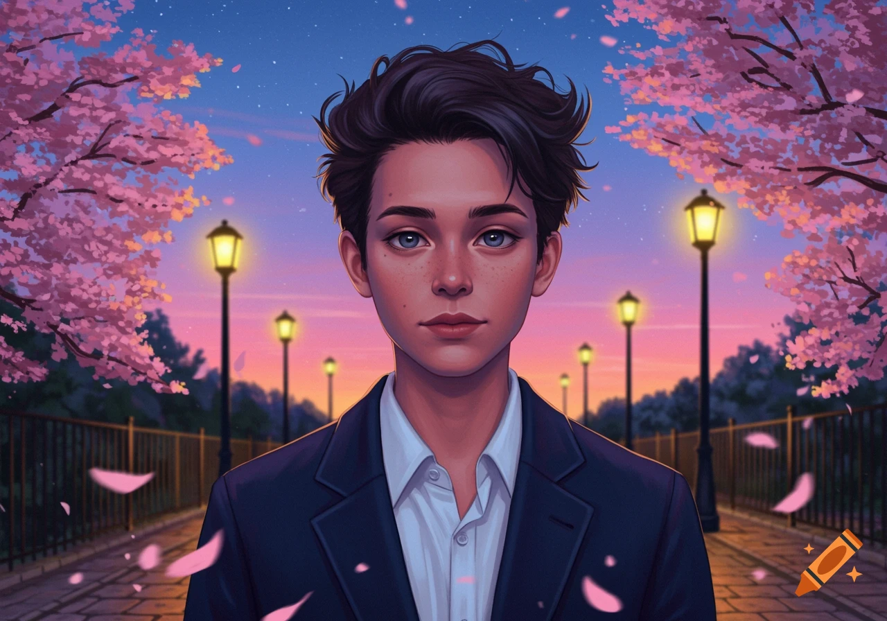 Stylized anime portrait of a young person in a suit against a sunset sky with cherry blossoms and street lamps.