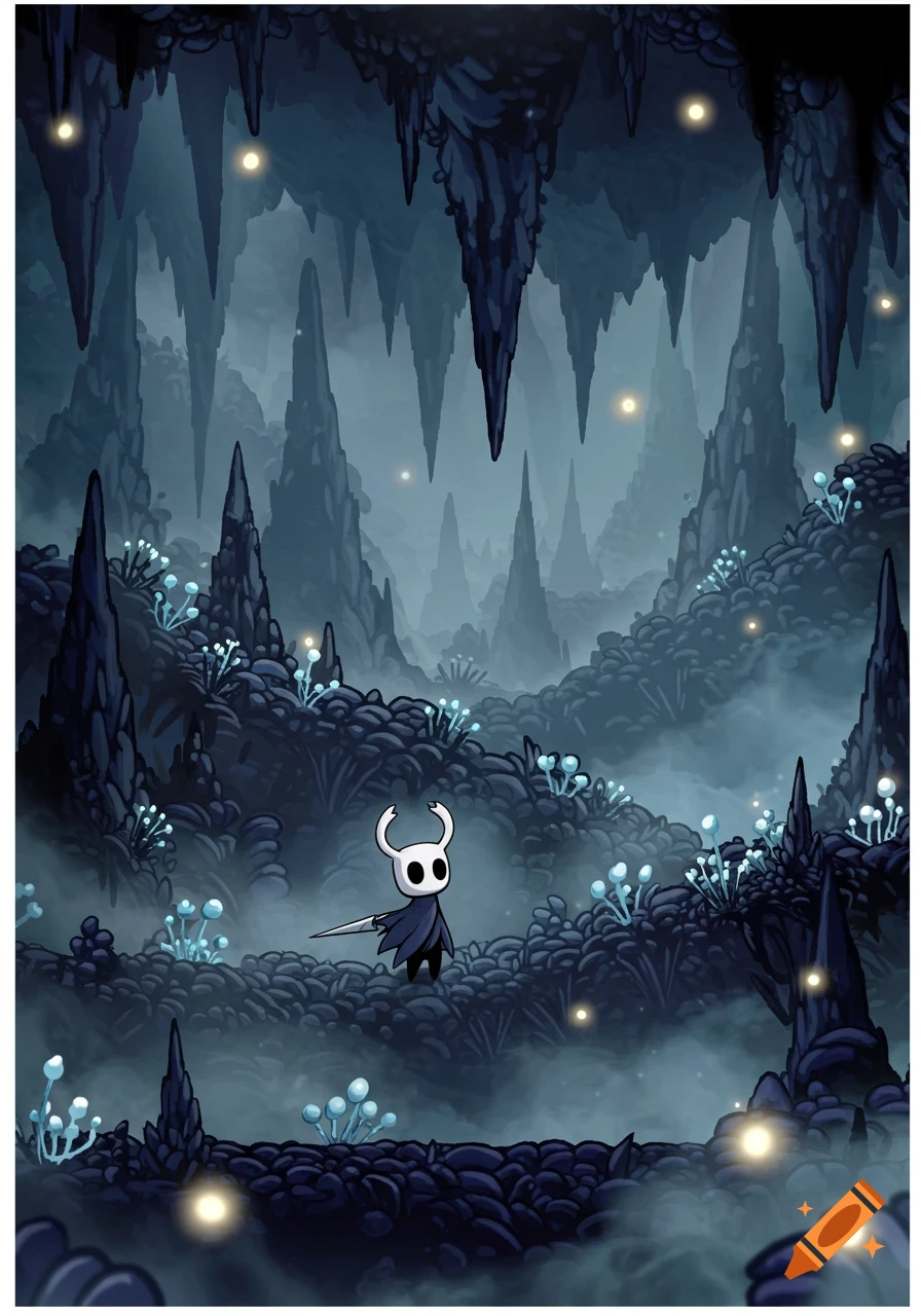 The Hollow Knight character stands in a dark, misty cave with glowing blue mushrooms and sharp rock formations.