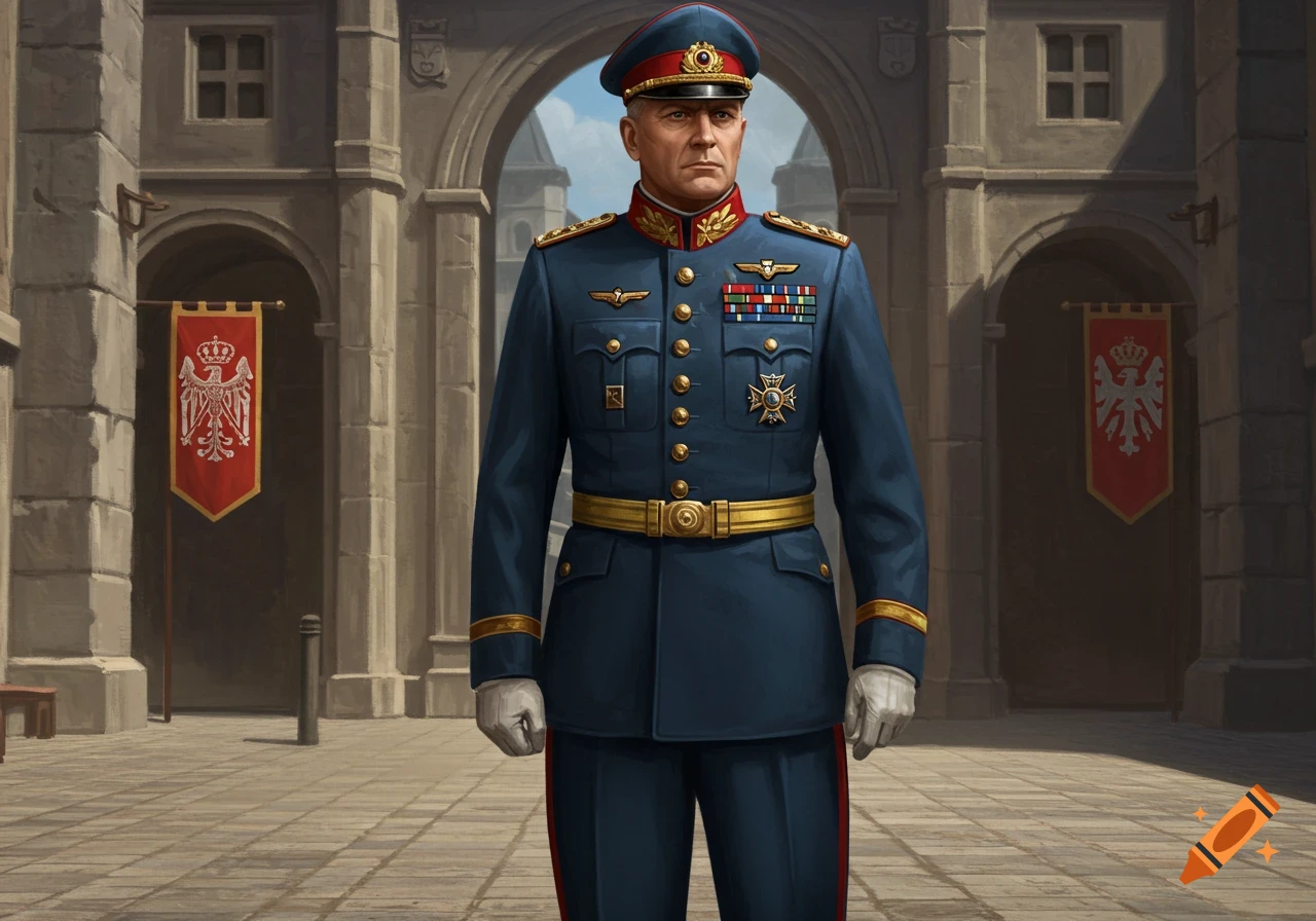 A man in a blue military uniform with medals stands in a courtyard with flags.