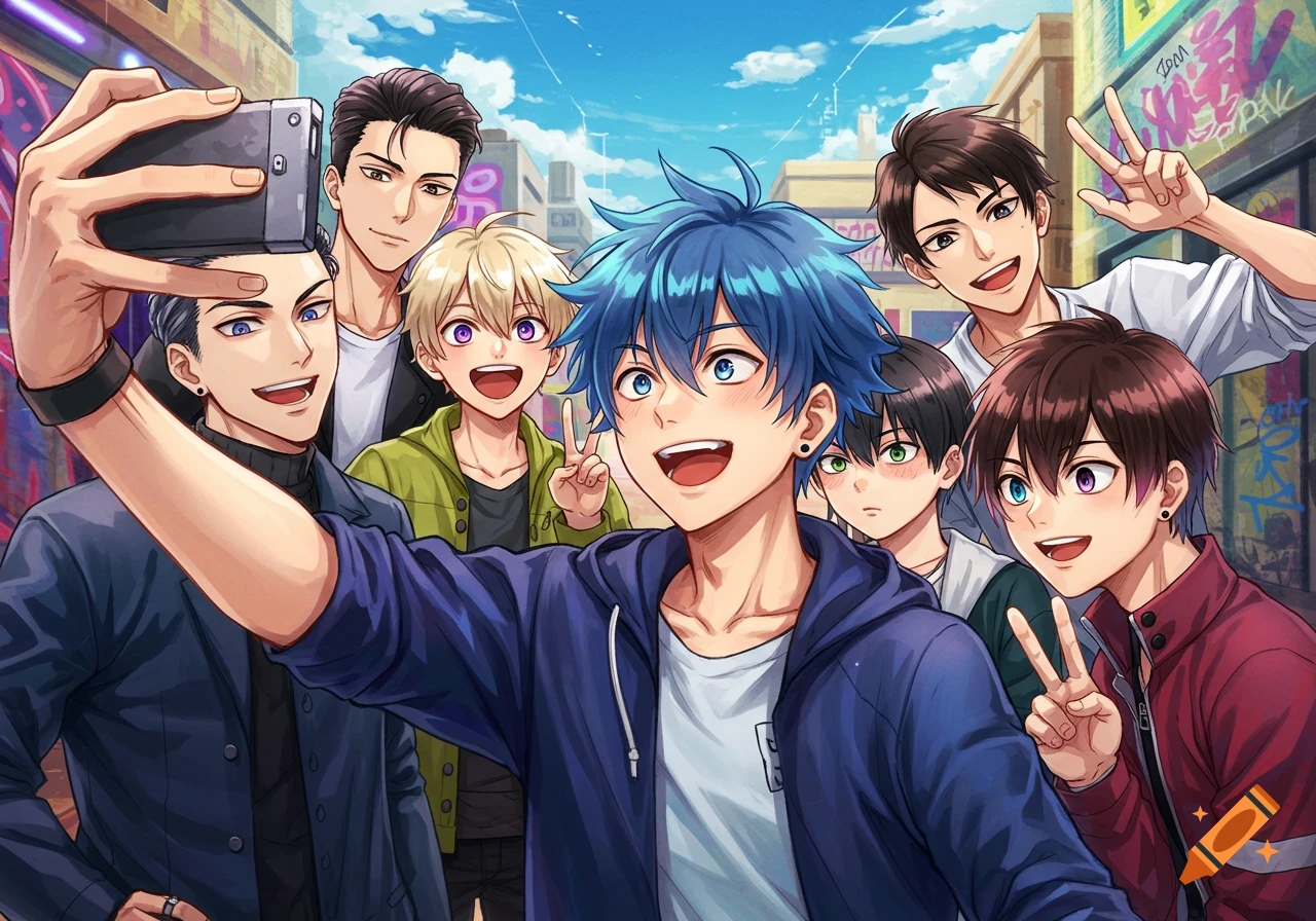 Seven anime boys, some with vibrant hair colors, take a selfie outdoors in a city setting with graffiti-covered walls.