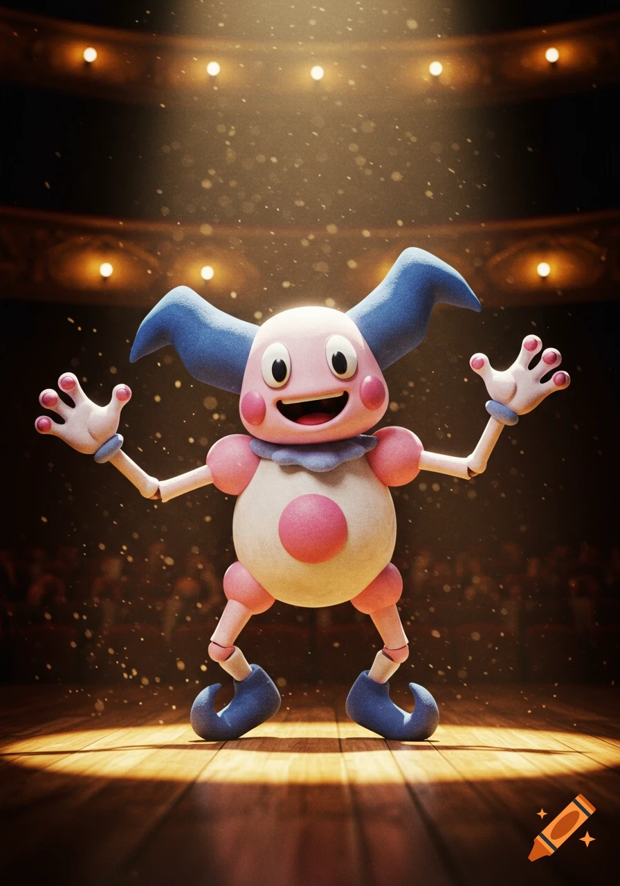 Realistic 3D render of Mr. Mime standing on a dimly lit wooden stage under spotlights.