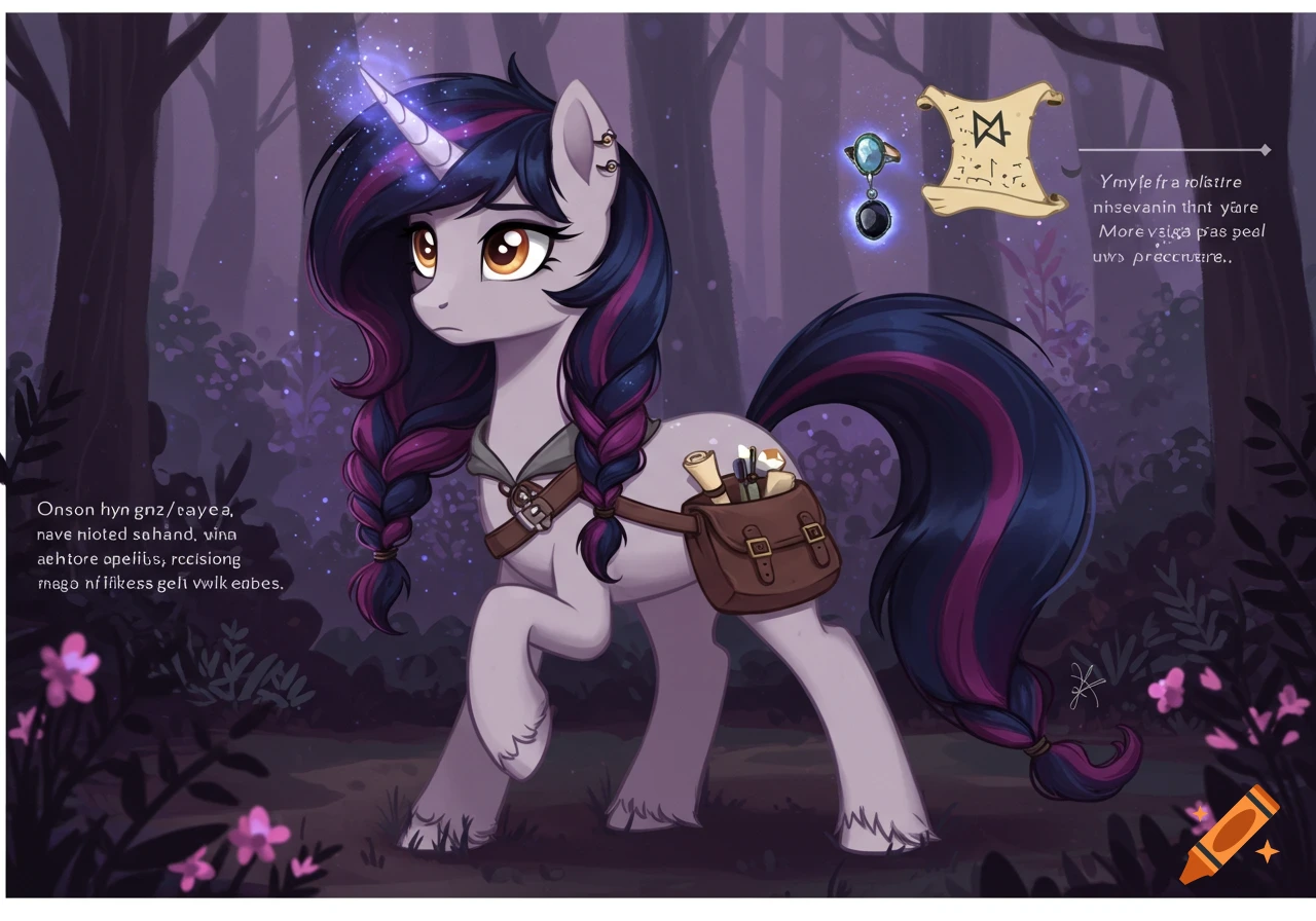 A lavender unicorn with braided dark blue and purple mane and tail, wearing a satchel, stands in a dark forest at night.