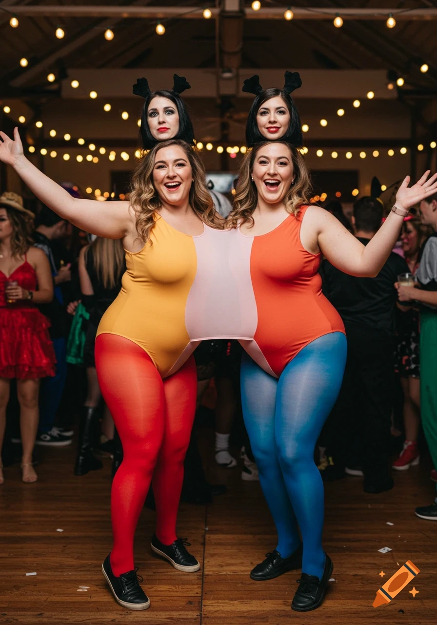 Two smiling women in a conjoined Halloween costume, one half yellow and red, the other orange and blue, at a party with string lights.