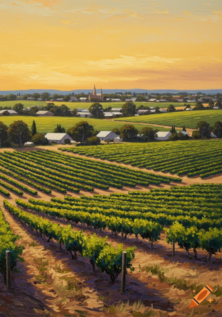 An oil painting of a vineyard landscape with rows of grapevines leading towards a distant town under a warm, orange sky.