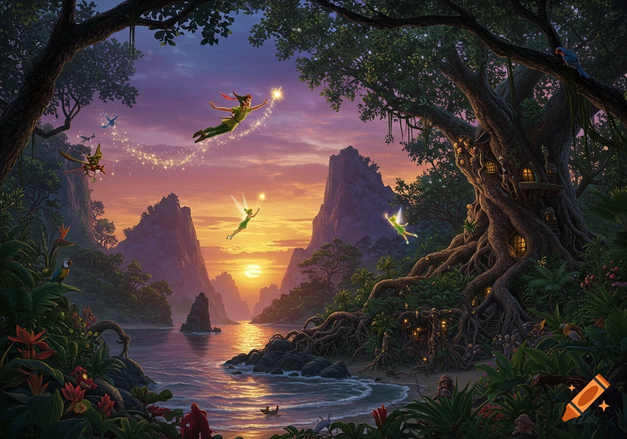Peter Pan and Tinker Bell flying over a fantastical tropical island at sunset, with a massive treehouse and sparkling fairy dust.