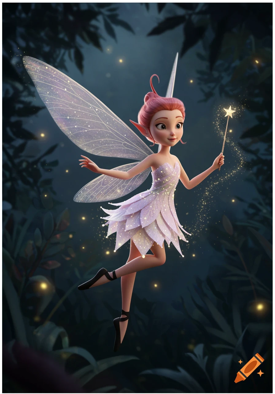 A Pixar-style pixie with pink hair and a shimmering dress floats in a magical forest, holding a glowing star wand.