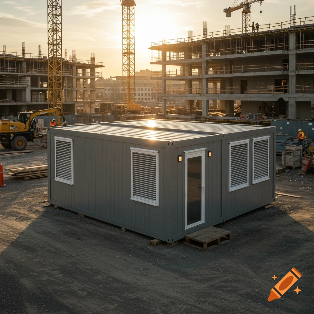 A grey modular construction office building on a dirt job site with cranes and incomplete buildings under a bright sky.